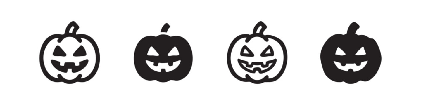 Hand-drawn Halloween pumpkin icons, collection of jack-o-lantern face outline and silhouette illustrations