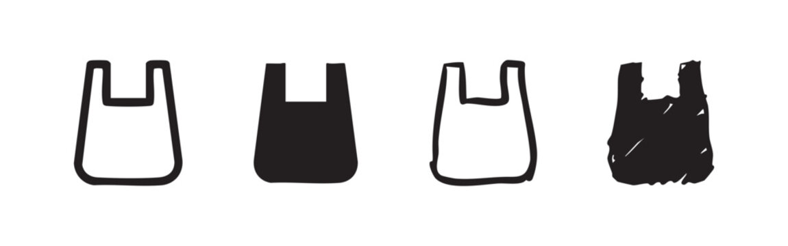 Hand-drawn plastic bag icons, set of retail shopping carrier outline and silhouette illustrations