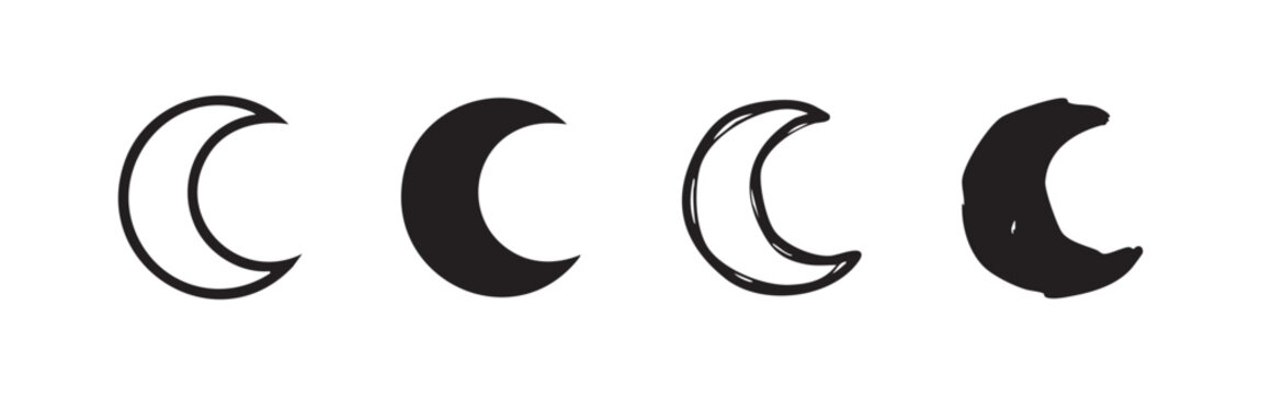 Collection of hand-drawn crescent moon icons, night sky celestial outline and silhouette symbols