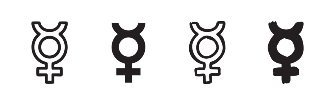 Set of hand-drawn Mercury astrological symbols, alchemical sign outline and silhouette illustrations