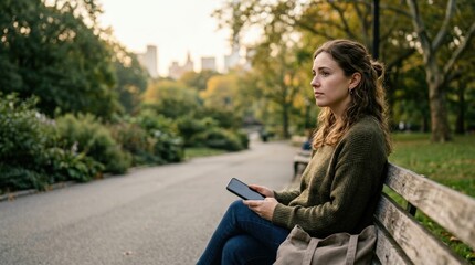 Obraz premium Young woman sitting alone on park bench with smartphone in early morning