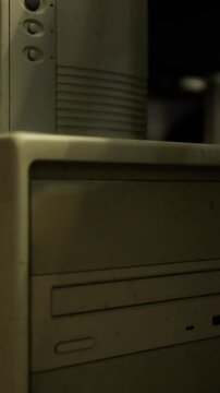A dusty computer tower and equipment sit against a bare wall. The room is dim, showing age and neglect. Dust covers the surfaces which hints at a lack of use over time.