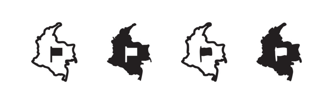 Map of Colombia with Location Flag Icon Set - Hand Drawn and Solid Vector Illustration