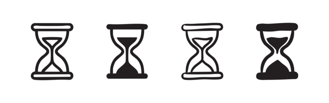 Hourglass Sand Timer Clock Icon Set - Hand Drawn and Solid Vector Illustration