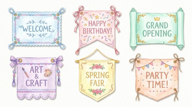 Pastel watercolor banners for welcomes, birthdays, grand openings, art & fairs