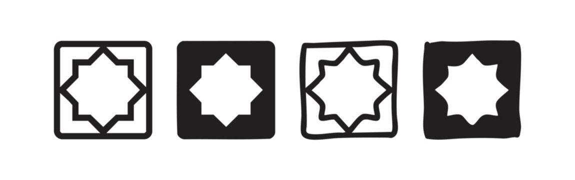 Rub el Hizb Islamic Star Icons in Square Frame for Religious and Cultural Design