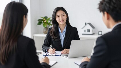 Fototapeta premium Smiling asian real estate agent sits at table, meeting with clients about buying a new house