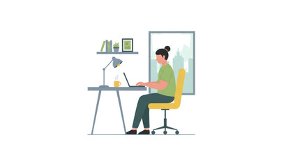 Fototapeta premium Remote work home office vector illustration with laptop desk and online working concept isolated on white