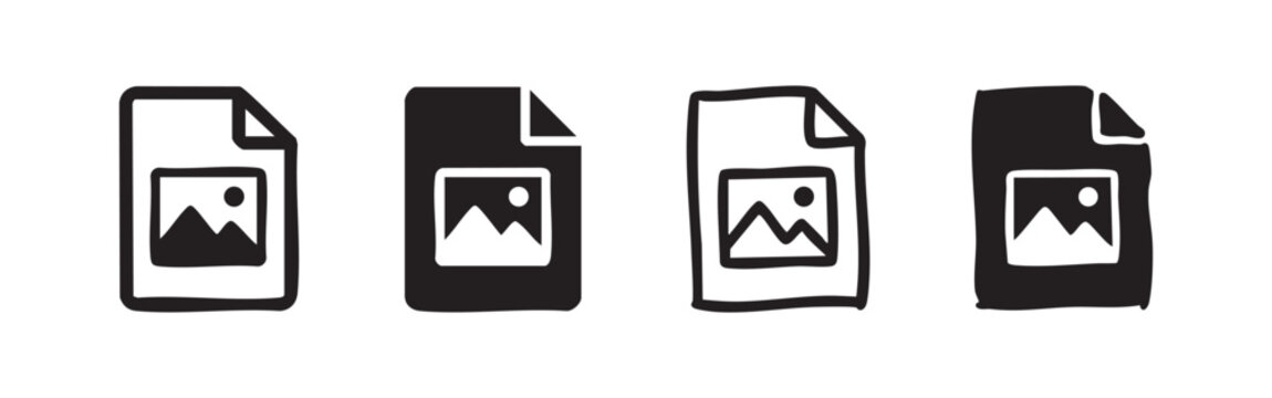 Image document icon set. Picture file symbol with landscape in different styles. Graphic content line art and solid glyphs on white background.