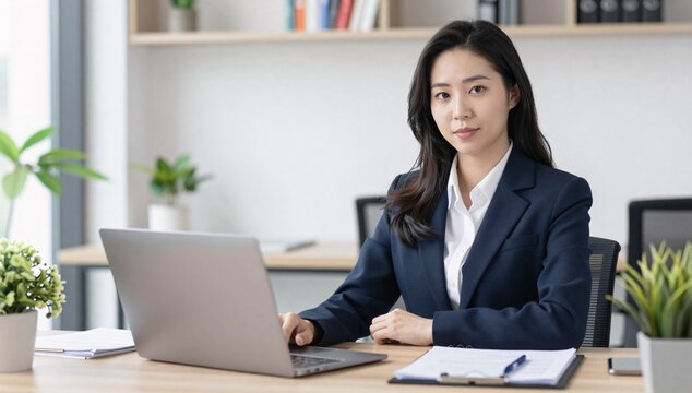 Confident asian businesswoman working on laptop at desk in bright office setting