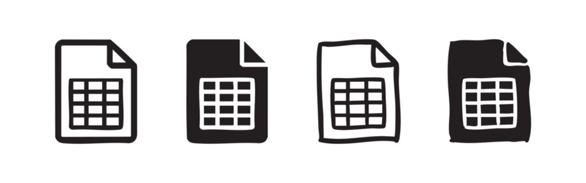 Spreadsheet document icon set. Excel file symbol with grid in different styles. Data table line art and solid glyphs on white background.