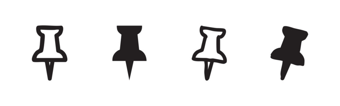 Hand drawn pushpin icons, thumbtack symbols for office and stationery