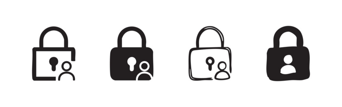 User access and security icon set, padlock with person in outline and solid styles