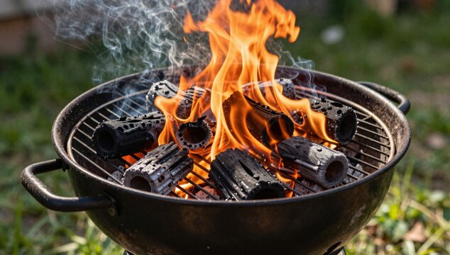 Burning charcoal briquettes inside of a barbecue grill generate intense heat for outdoor cooking