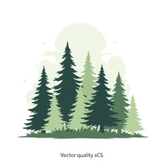 Obraz premium Evergreen forest silhouette with moon, minimalist vector illustration
