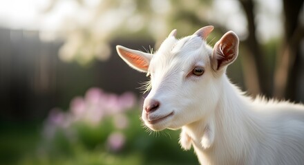 Obraz premium Close up of a cute white goat with small horns in a sunny garden with pink flowers. Perfect for Eid al-Adha greeting cards, Islamic religious sacrifice concepts, and livestock farm advertisements.