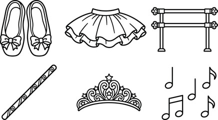 Ballet shoes tutu barre tiara wand and music notes, dance performance artwork decorative vector illustration element for costume, stage, and wall art © TOMSINA