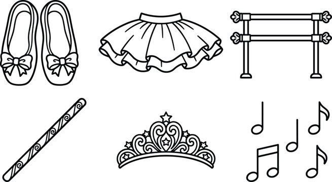 Ballet shoes tutu barre tiara wand and music notes, dance performance artwork decorative vector illustration element for costume, stage, and wall art