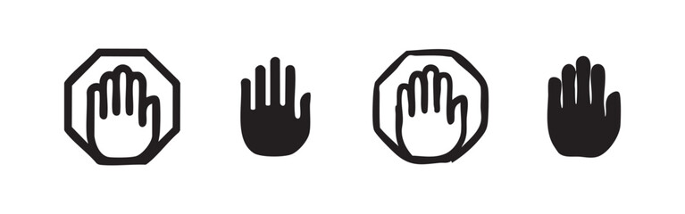 Obraz premium Stop hand gesture icon set. Collection of simple and hand-drawn stop and warning vector signs. Danger, forbidden, and prohibition symbols.