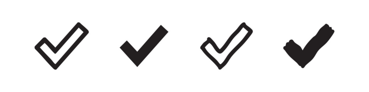 Checkmark icon set. Collection of simple and hand-drawn tick vector signs. Approval, correct, yes, and completion symbols.