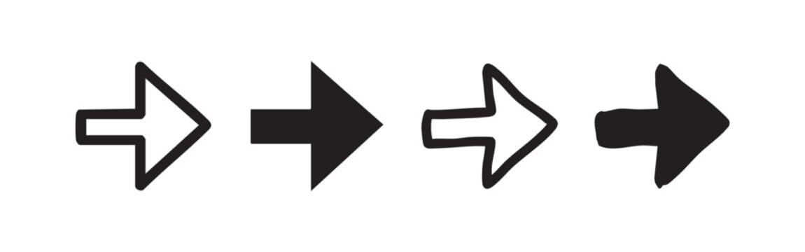 Right arrow icon set, next or forward direction symbol in hand drawn and solid styles, vector illustration isolated on white background