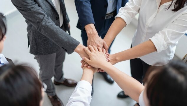 Multiethnic group of business people put their hands together as a sign of unity