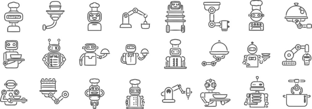 Set of robot chef line icons