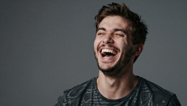 Man with beard laughs openly with excitement against gray backdrop in studio setting