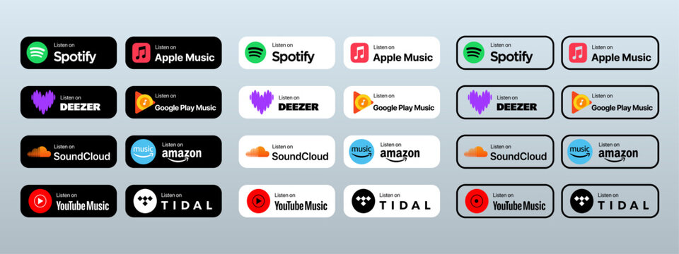 Music platforms listen on buttons. Listen on Spotify, YouTube, Tidal, Apple, Google Play, SoundCloud, Amazon, Deezer. Black background. Editorial isolated set of music services. Vector icons.