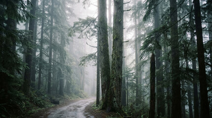 Obraz premium Mysterious wet dirt road winding through a dark old growth forest with tall trees and thick fog on a moody day