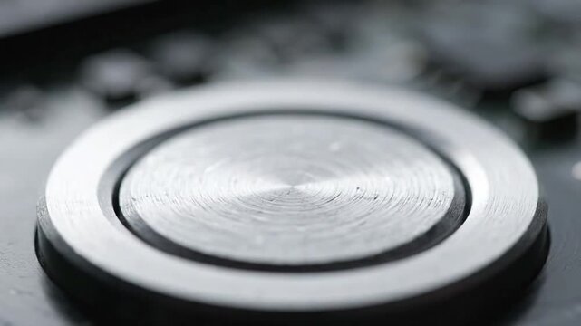 Close up view of the silver power button pressed to turn on or off modern electronic device