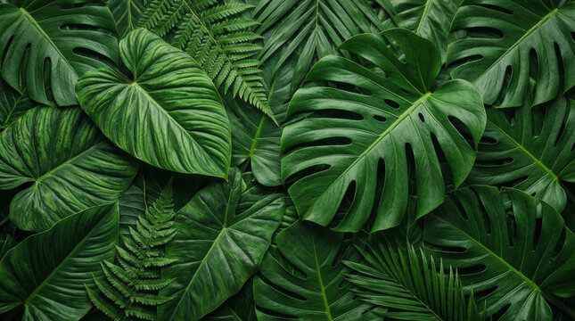 Lush tropical green leaves background with monstera deliciosa palm and fern foliage for botanical concept