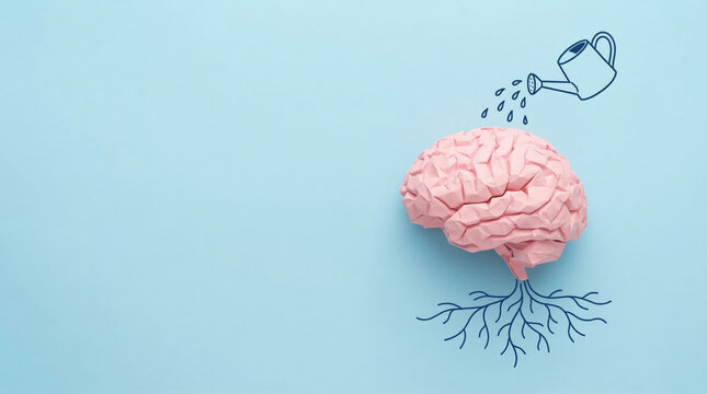 Pink paper brain with sketched roots and watering can on blue background for mental growth concept