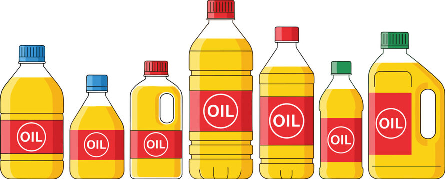 Collection of Yellow Cooking Oil Plastic Bottles in Different Sizes with Colorful Caps for Food and Kitchen Design