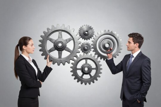 Business people holding metal gears to represent partnership and collaboration