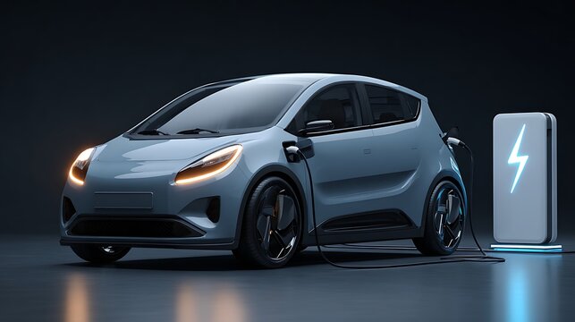 Modern compact electric car charging at a glowing station in dark clean energy technology scene