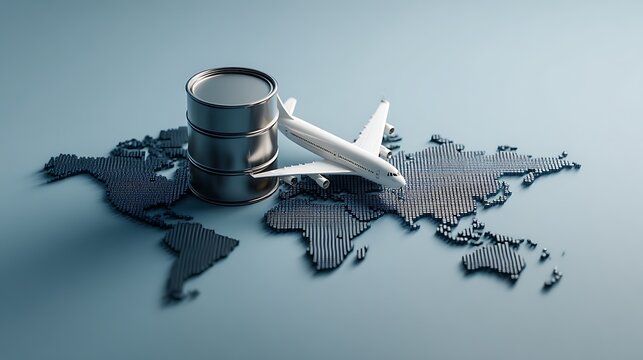 Global aviation fuel shortage concept with airplane, oil barrel, and world map in blue industrial tones