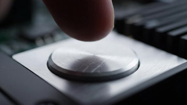 Finger pressing down on a small silver button on a black computer component to activate it