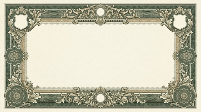 Vintage ornate certificate border frame with money engraving pattern on blank aged paper background
