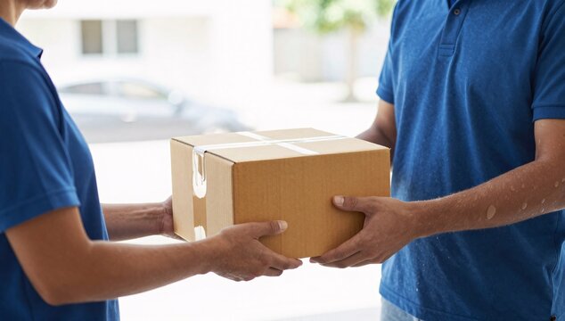 Close up of delivery person handing package to recipient at the door