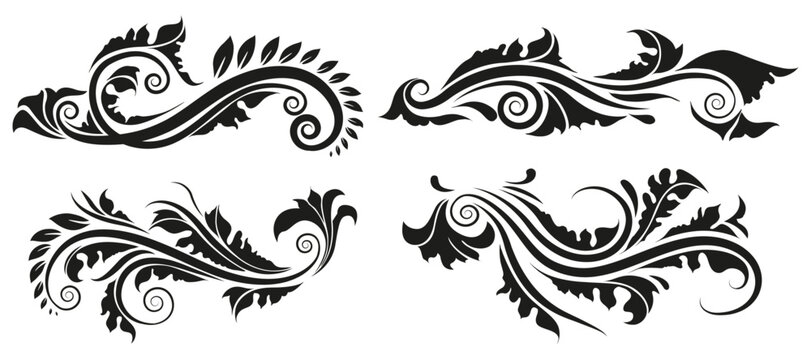 A vintage black tribal tattoo design vector set featuring floral patterns, dragon silhouettes, and nature elements like birds and leaves in a decorative ornament style