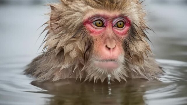 Wet monkey in water with red face