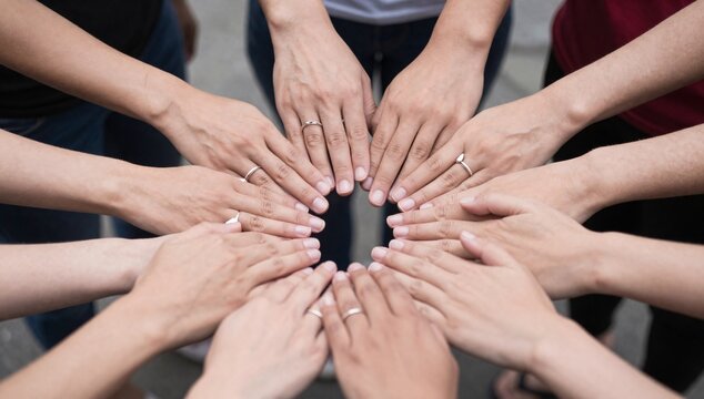 Circle of hands forms a bond between a diverse group of individuals