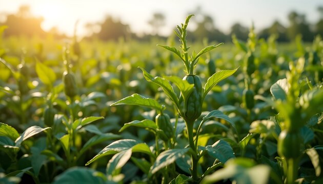 Sunlit green crop field at golden hour with fresh young plants, soft morning light, and shallow depth of field highlighting sustainable agriculture, growth, and natural farming landscape