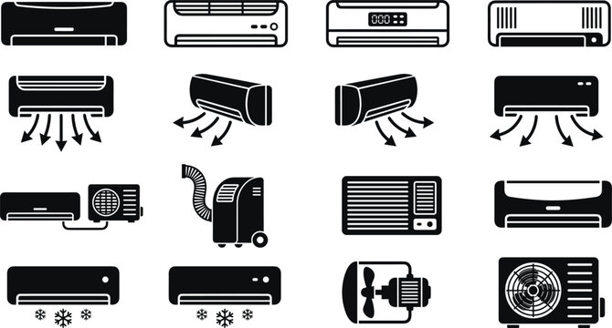 Air conditioning unit icons collection, split, portable, window AC, condenser systems, cooling equipment &ndash; flat vector illustration