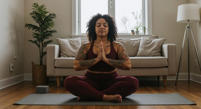 Tattooed woman with curly hair meditating in yoga pose at home. Mindful person practicing wellness and self-care in modern living room