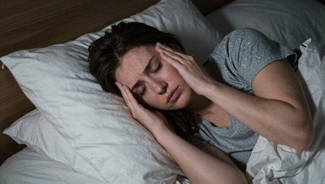 Brunette woman in bed with headache holds temples with closed eyes during the night