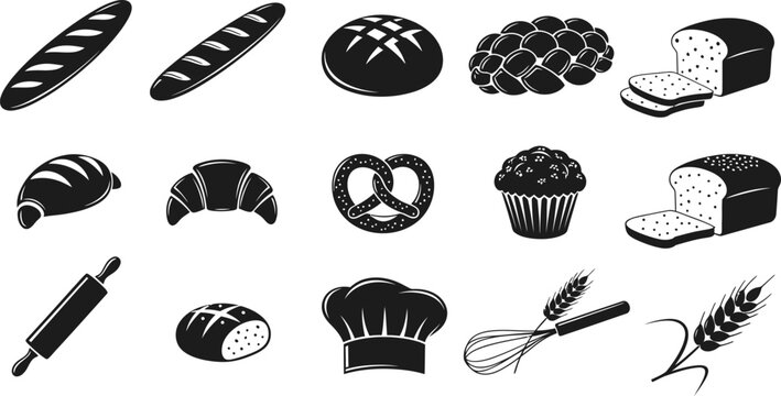 black and white bakery icons including bread rolls and baking tools on white background