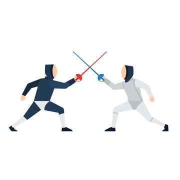 Two fencers in protective gear clashing swords in a duel, representing sport and competition.