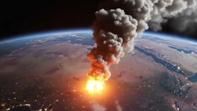 Volcanic eruption on earth from space with ash cloud